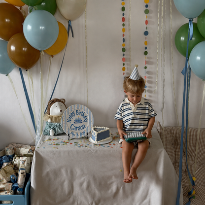 Custom Hand Painted Ceramic Birthday Plate, Blue Stripe Confetti Plate, Personalized Birthday Plate Date, First Birthday Gift Boy | B091