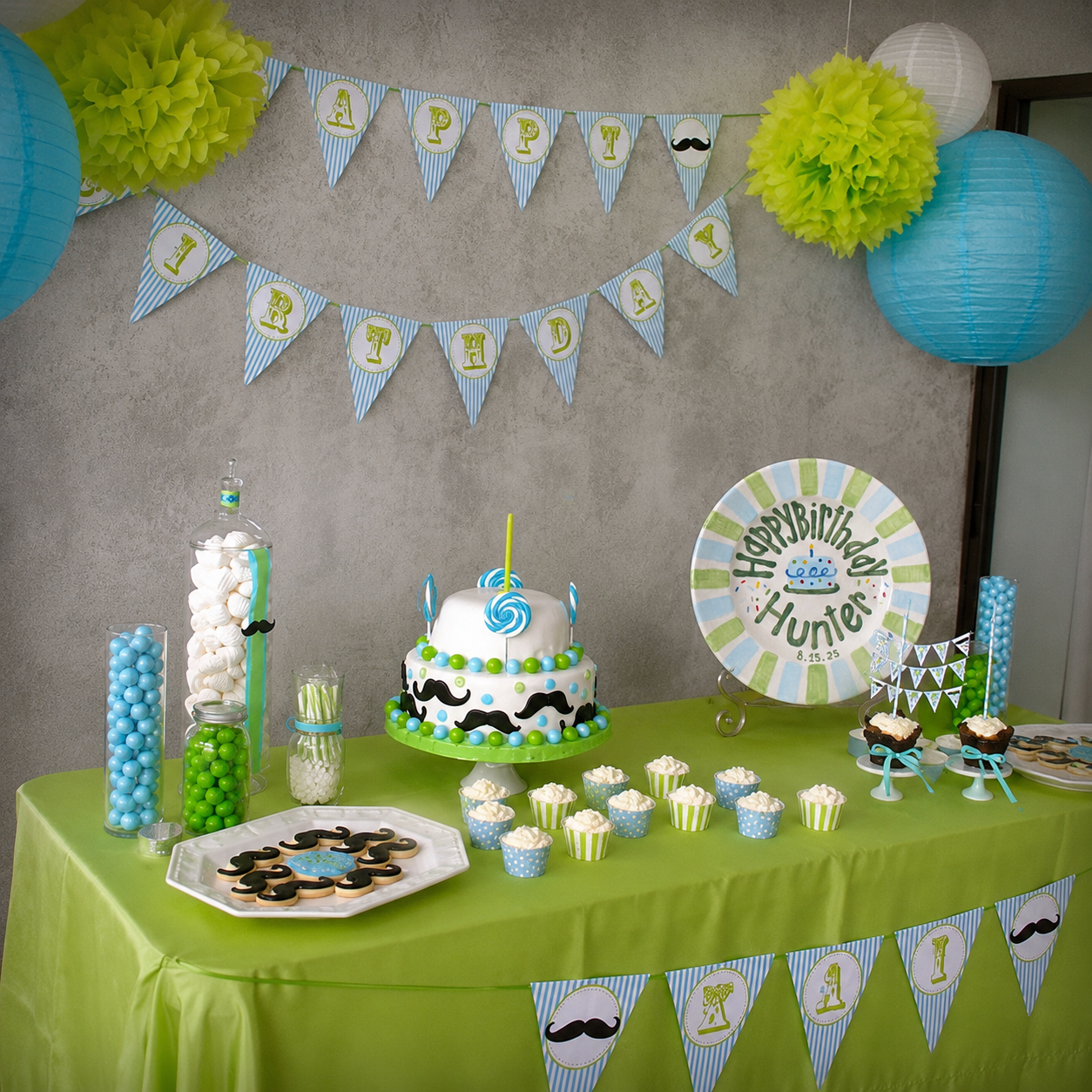 Personalized Green Blue Birthday Plate, Custom Ceramic Birthday Dish, Striped Cake Plate, Boys Birthday Tradition Heirloom Keepsake | B002