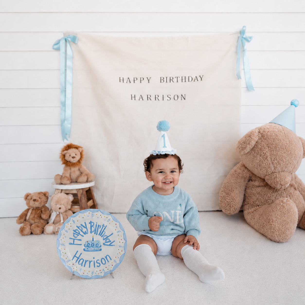 Blue Scalloped Edge Ceramic Plate, Hand-Painted Light Blue Scallops & Confetti, Custom Personalized Name Birthday Plate | B020