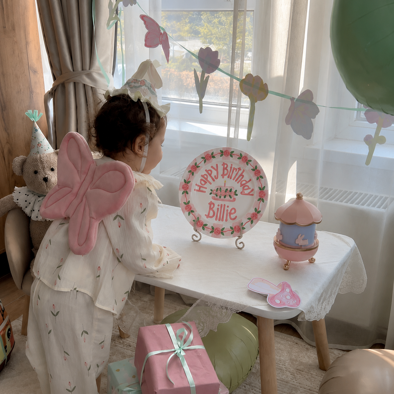 Hand-Painted Rose Garland Ceramic Birthday Plate, Pink Gingham Border, Personalized Name Keepsake, Girl Party Decor | B034
