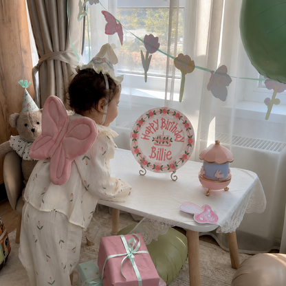 Hand-Painted Rose Garland Ceramic Birthday Plate, Pink Gingham Border, Personalized Name Keepsake, Girl Party Decor | B034