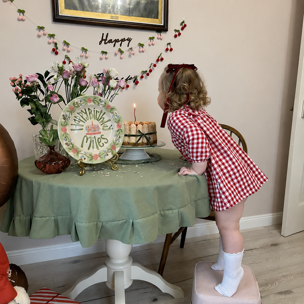 Hand-Painted Rose Garland Ceramic Birthday Plate, Sage Green Gingham Border, Personalized Name Keepsake, Party Decor | B035