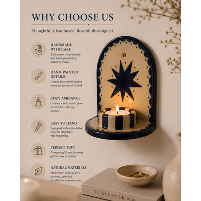 Blue Star Ceramic Candle Holder, Handmade Wall Sconce, Celestial Home Decor, Coastal Wall Accent, Boho Decor | LA113