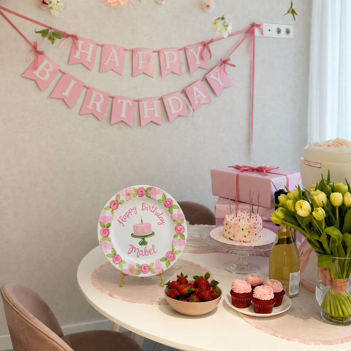 Personalized Pink Birthday Plate, Custom Ceramic Birthday Dish, Pink Gingham Rose Plate, Girls Birthday Tradition Heirloom Keepsake | B016