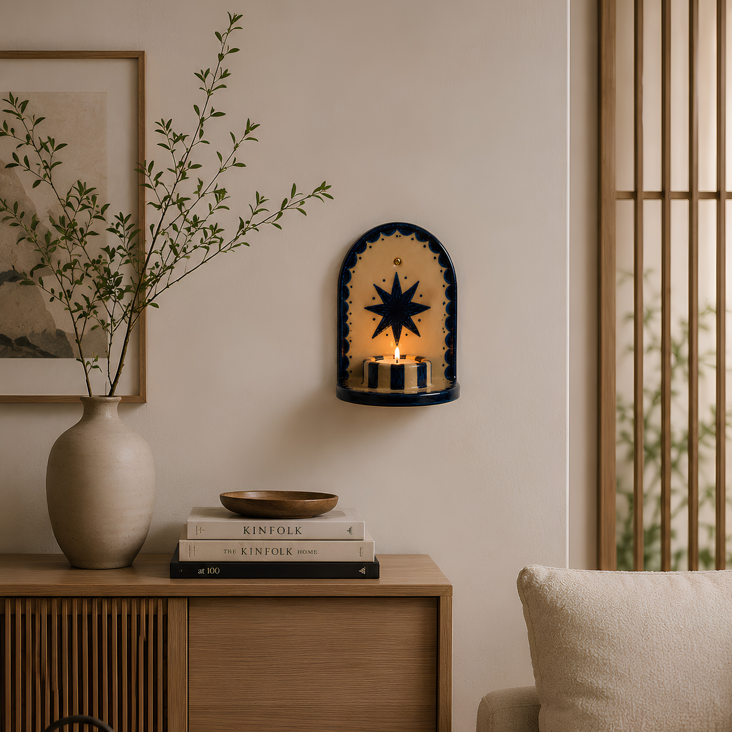 Blue Star Ceramic Candle Holder, Handmade Wall Sconce, Celestial Home Decor, Coastal Wall Accent, Boho Decor | LA113