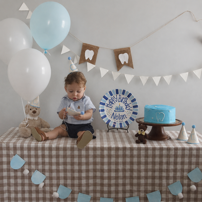 Personalized Birthday Plate Boy, Custom Blue Striped Plate, Hand Painted Ceramic Cake Plate, Heirloom Birthday Tradition Gift | B074