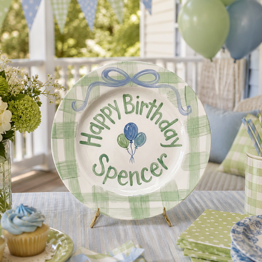 Custom Hand Painted Ceramic Birthday Plate, Green Gingham Balloon Plate, Personalized Birthday Plate, First Birthday Gift Boy | B086