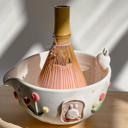 Spring Tulip Bunny 3D Handcrafted Ceramic Matcha Bowl and Flower Whisk Holder Set • HX10