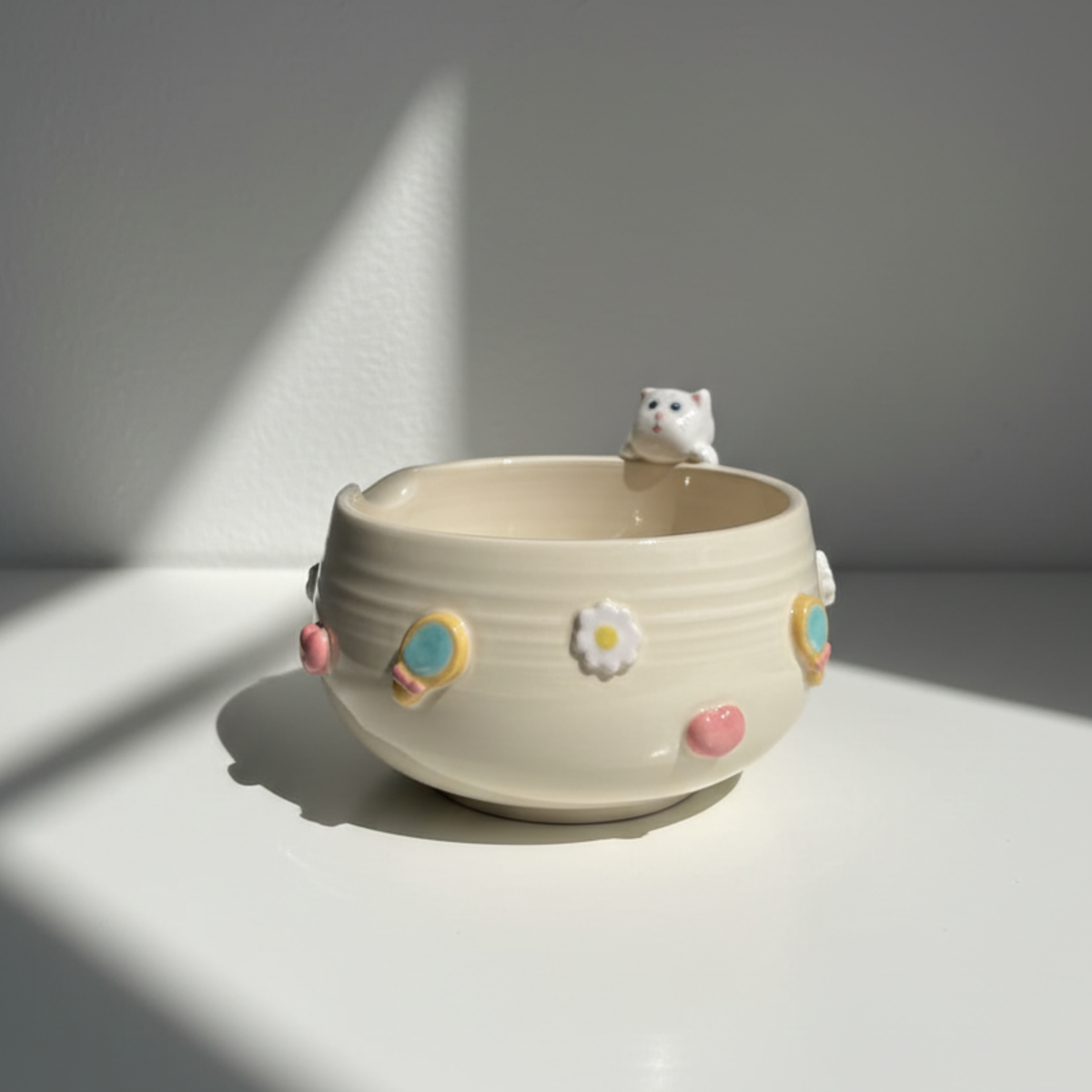 Handcrafted Sporty Cat Ceramic Matcha Bowl and Whisk Holder Set • HX29