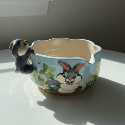 Fairytale Bunny Garden 3D Handcrafted Ceramic Matcha Bowl and Mushroom Whisk Holder Set • HX05