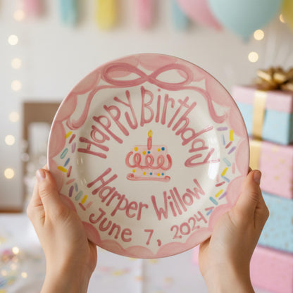 Personalized Birthday Plate – Pink Bow Cake & Sprinkles Design | B026