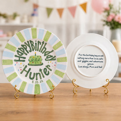 Personalized Green Blue Birthday Plate, Custom Ceramic Birthday Dish, Striped Cake Plate, Boys Birthday Tradition Heirloom Keepsake | B021