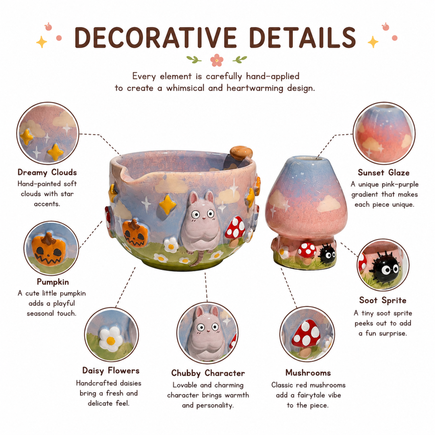 Spirited Away Boh Mouse & Soot Sprite 3D Handcrafted Ceramic Matcha Bowl and Whisk Holder Set • HX29