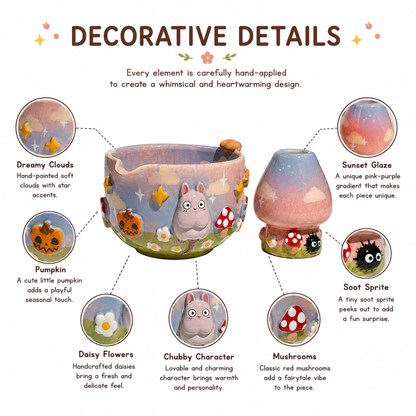 Spirited Away Boh Mouse & Soot Sprite 3D Handcrafted Ceramic Matcha Bowl and Whisk Holder Set • HX29
