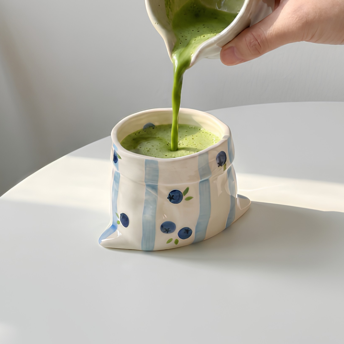 Handcrafted Blueberry Ceramic Bag Mug, Cute Hand-painted Blue Stripe Paper Bag Shaped Cup • HX43