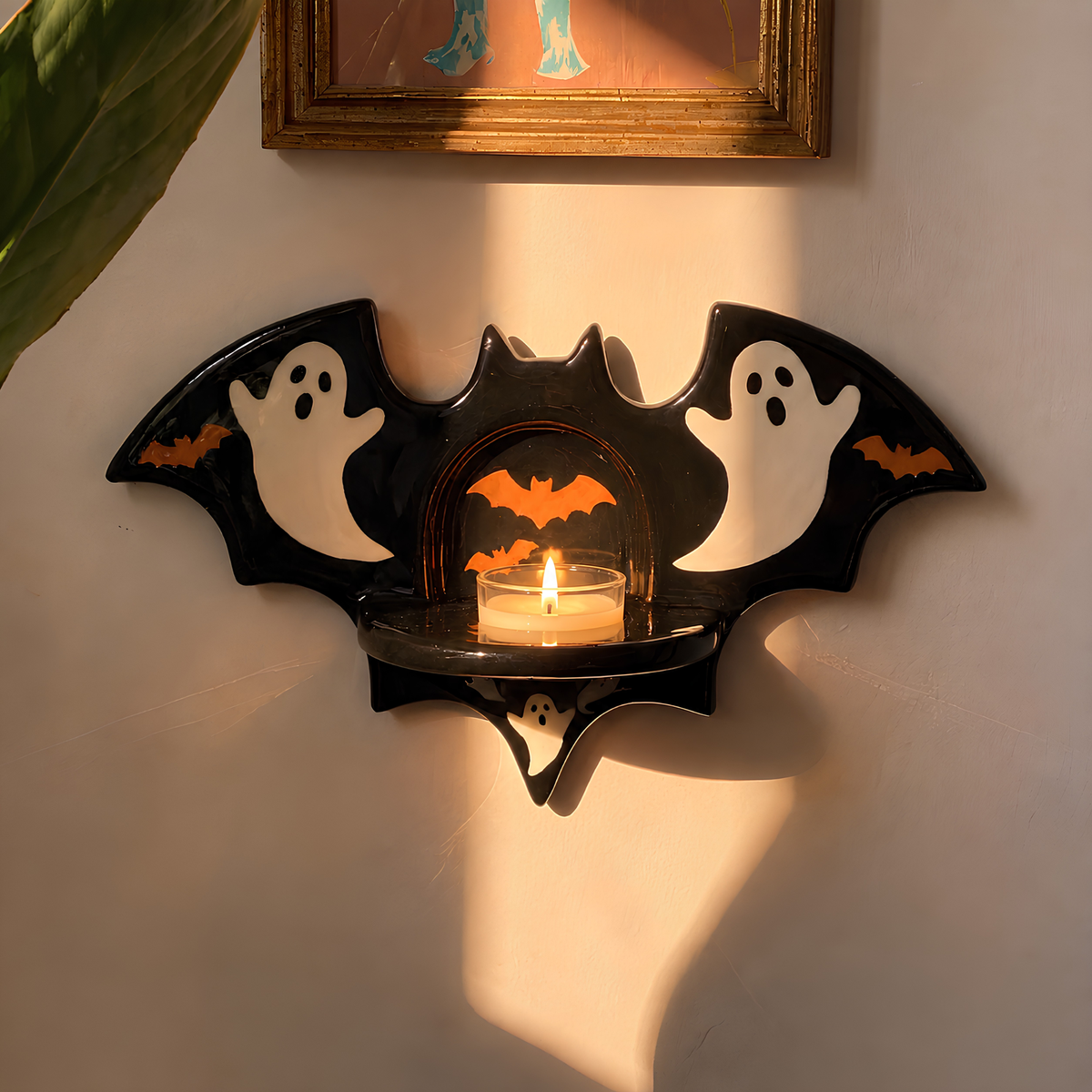 Handmade Ceramic Halloween Ghost Wall Sconce Candle Holder, Vintage Spooky Black Bat Tealight Holder Wall Hanging, Halloween Decor • HX61