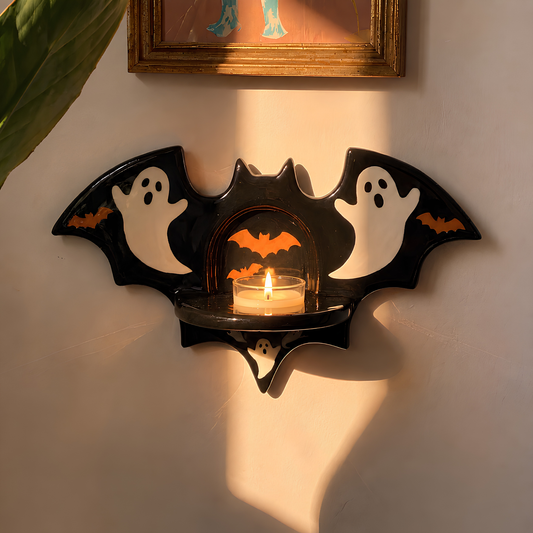 Handmade Ceramic Halloween Ghost Wall Sconce Candle Holder, Vintage Spooky Black Bat Tealight Holder Wall Hanging, Halloween Decor • HX61