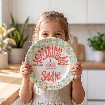 Personalized Birthday Plate – Green Gingham, Flowers & Pink Cake Design | B066