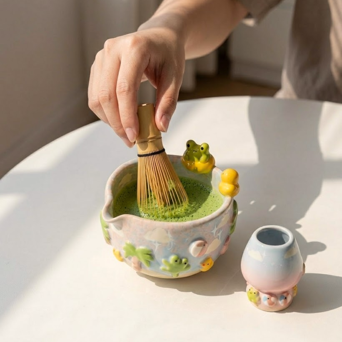 Handmade Frog Matcha Bowl Set, Cute Duck Ceramic Matcha Tea Set, Ombre Matcha Bowl with Whisk Holder, Kawaii Tea Gift | LA2