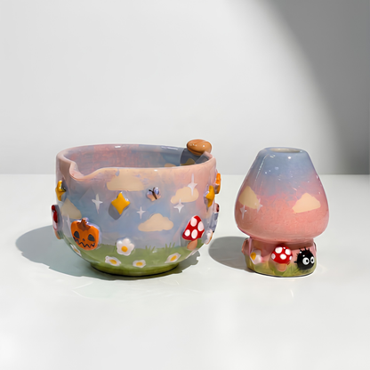Fairytale Dream Mushroom & Whisk Holder 3D Handcrafted Ceramic Matcha Bowl Set • HX30