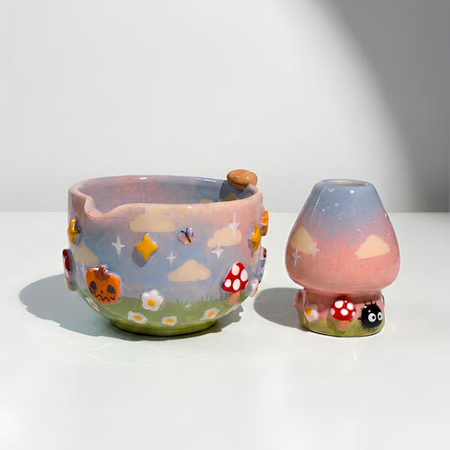 Fairytale Dream Mushroom & Whisk Holder 3D Handcrafted Ceramic Matcha Bowl Set • HX30