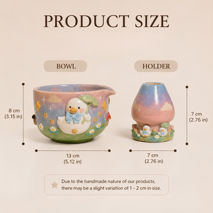 Cute Duck with Blue Bow 3D Ceramic Matcha Set, Handbuilt Duckling Matchawan and Whisk Holder • HX22