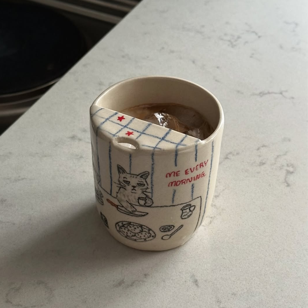 Handcrafted Ceramic Travel Mug with Built-in Lid, "Watch a Sad Movie" Cute Crying Cat Commuter Cup • HX23