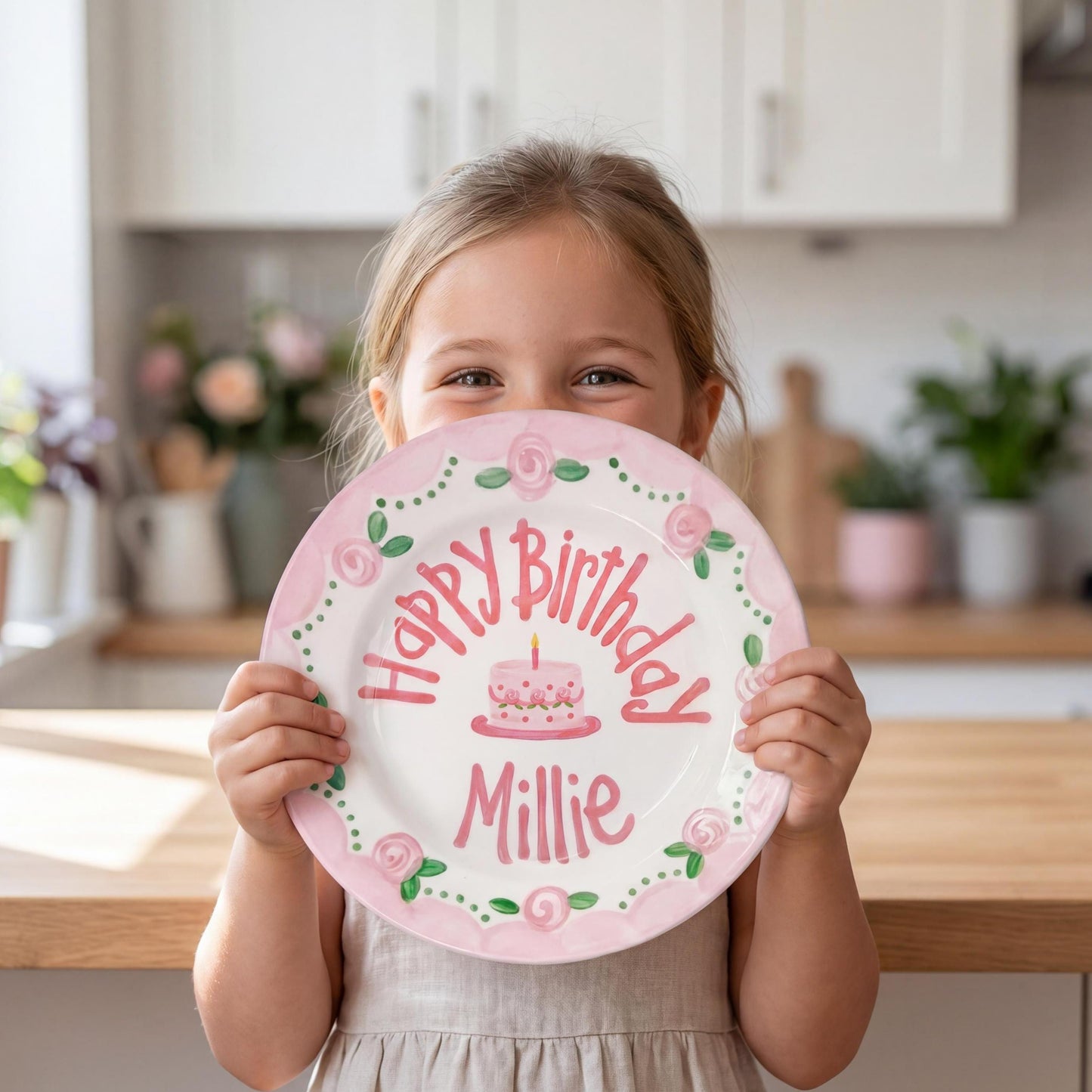 Personalized Birthday Plate – Pink Rose Garland & Cake Design | B063