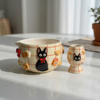Checkered Jiji Cat Matcha Bowl | Handmade Ceramic Chawan | LA019