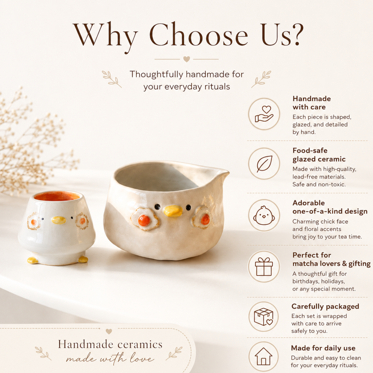 Handmade Kawaii Chick Ceramic Matcha Bowl Set | Aesthetic Breakfast Tea Set • HX60