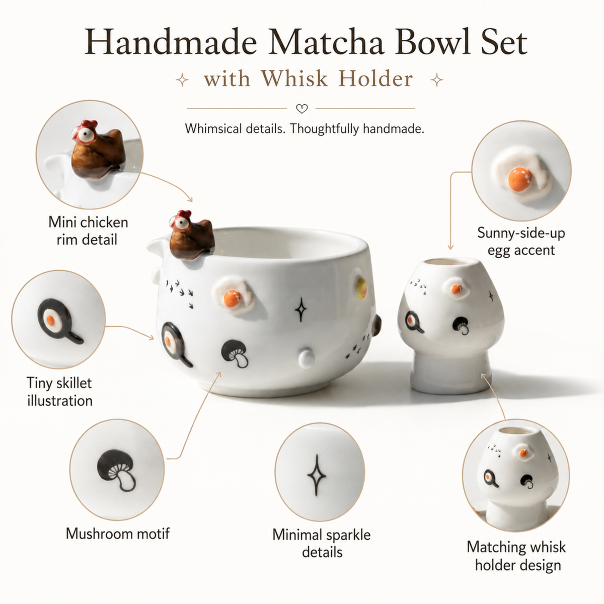 Cute 3D Chicken & Fried Egg Ceramic Matcha Bowl and Whisk Holder Set • HX02