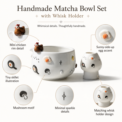 Cute 3D Chicken & Fried Egg Ceramic Matcha Bowl and Whisk Holder Set • HX02