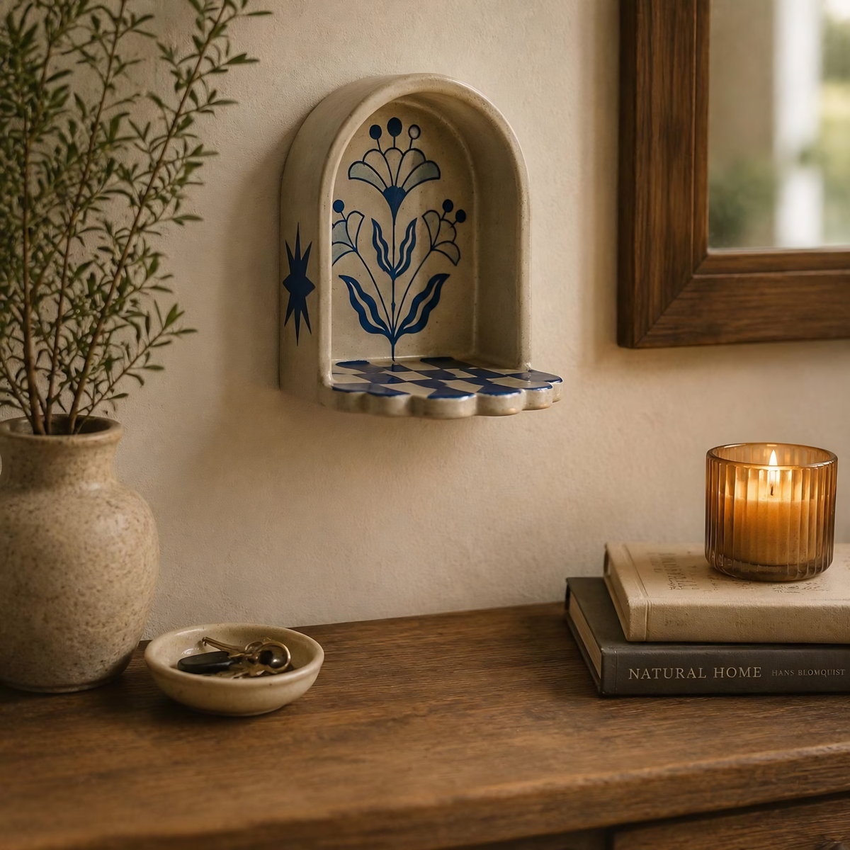 Handmade Ceramic Wall Niche Candle Holder, Blue Floral Pottery Wall Decor, Unique Housewarming Gift | LA143