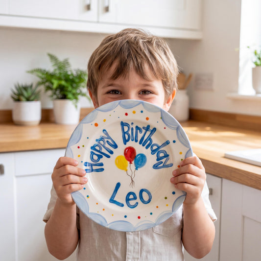 Personalized Birthday Plate – Balloon Design with Blue Scalloped Border | B068