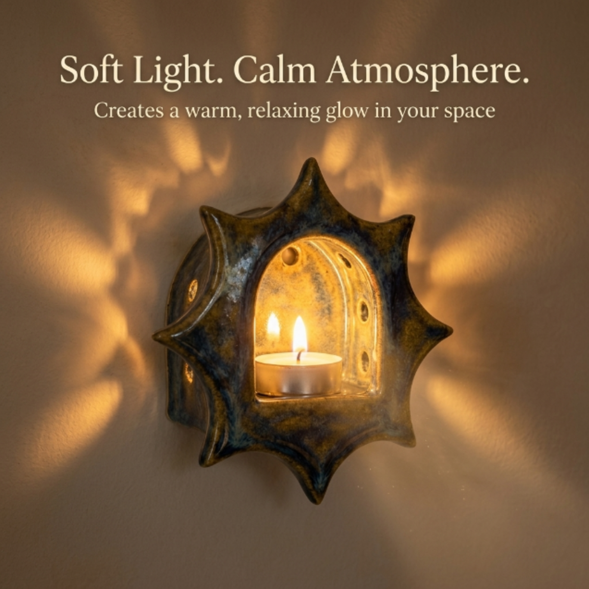 Sunburst Ceramic Wall Sconce – Blue Drip Glaze Candle Holder – Celestial Boho Home Decor| LA111