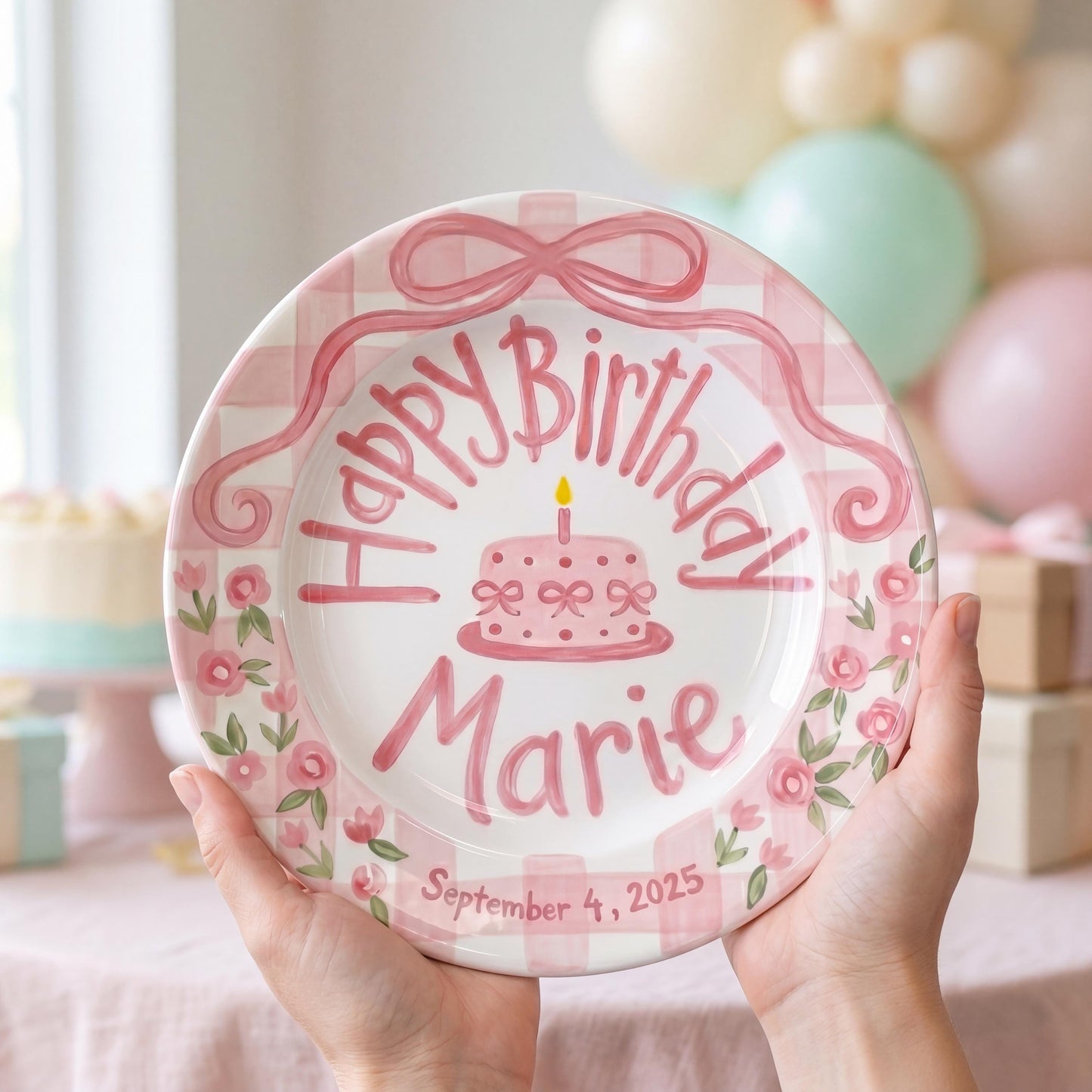 Personalized Birthday Plate – Pink Gingham Bow, Floral & Cake Design | B069