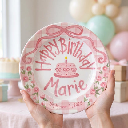 Personalized Birthday Plate – Pink Gingham Bow, Floral & Cake Design | B069