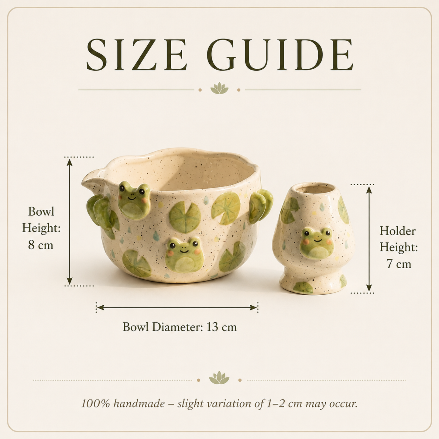 Handmade Cute Frog Ceramic Matcha Bowl Set | Kawaii Lily Pad Spouted Chawan & Whisk Holder • HX55