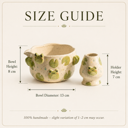 Handmade Cute Frog Ceramic Matcha Bowl Set | Kawaii Lily Pad Spouted Chawan & Whisk Holder • HX55