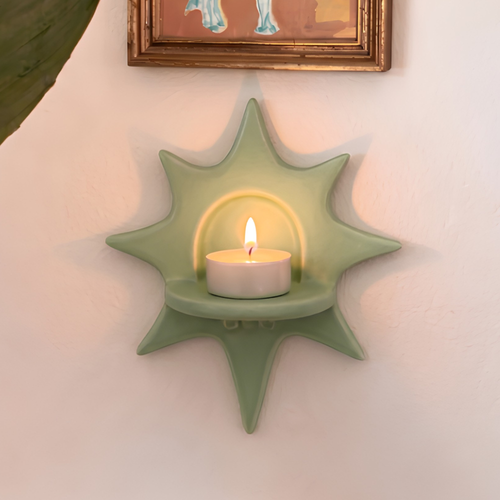 Handcrafted Sage Green Star Ceramic Wall Candle Sconce, Matte Mint Sunburst Celestial Tealight Holder • HX34