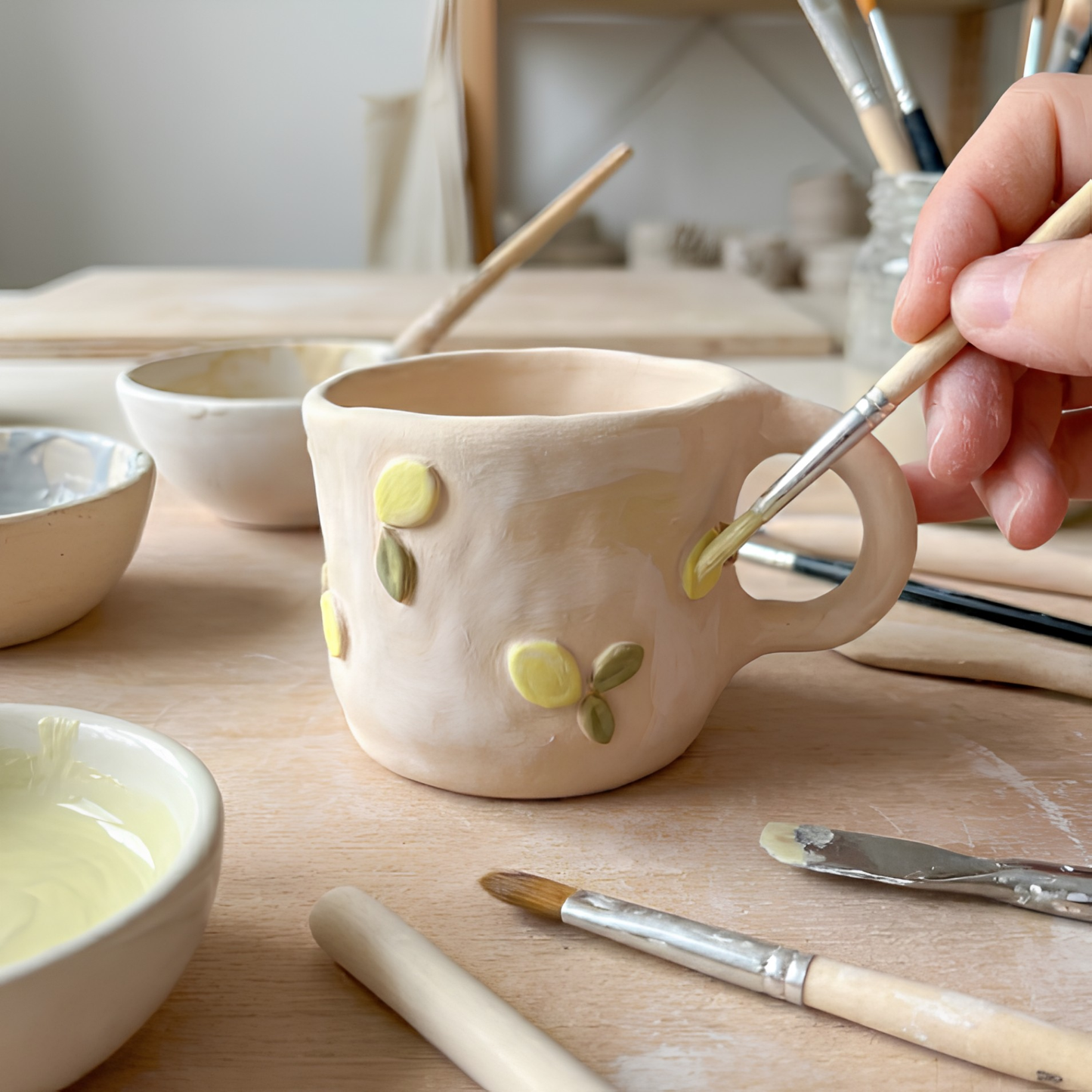 Handmade Ceramic Lemon Mug – Aesthetic Wavy Clay Coffee & Tea Cup • HX51