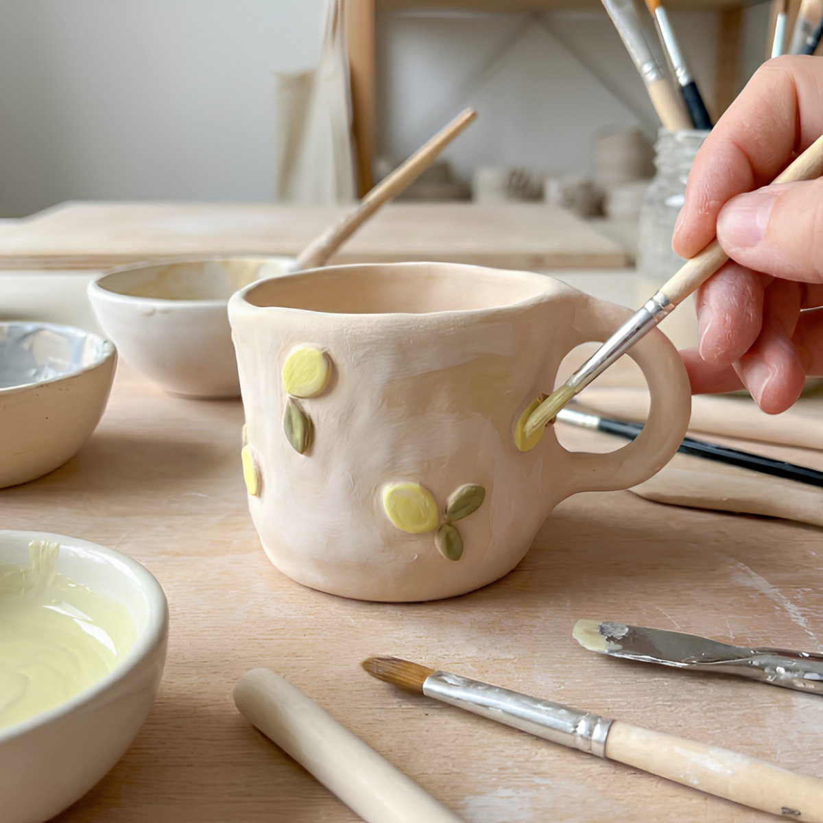 Handmade Ceramic Lemon Mug – Aesthetic Wavy Clay Coffee & Tea Cup • HX51