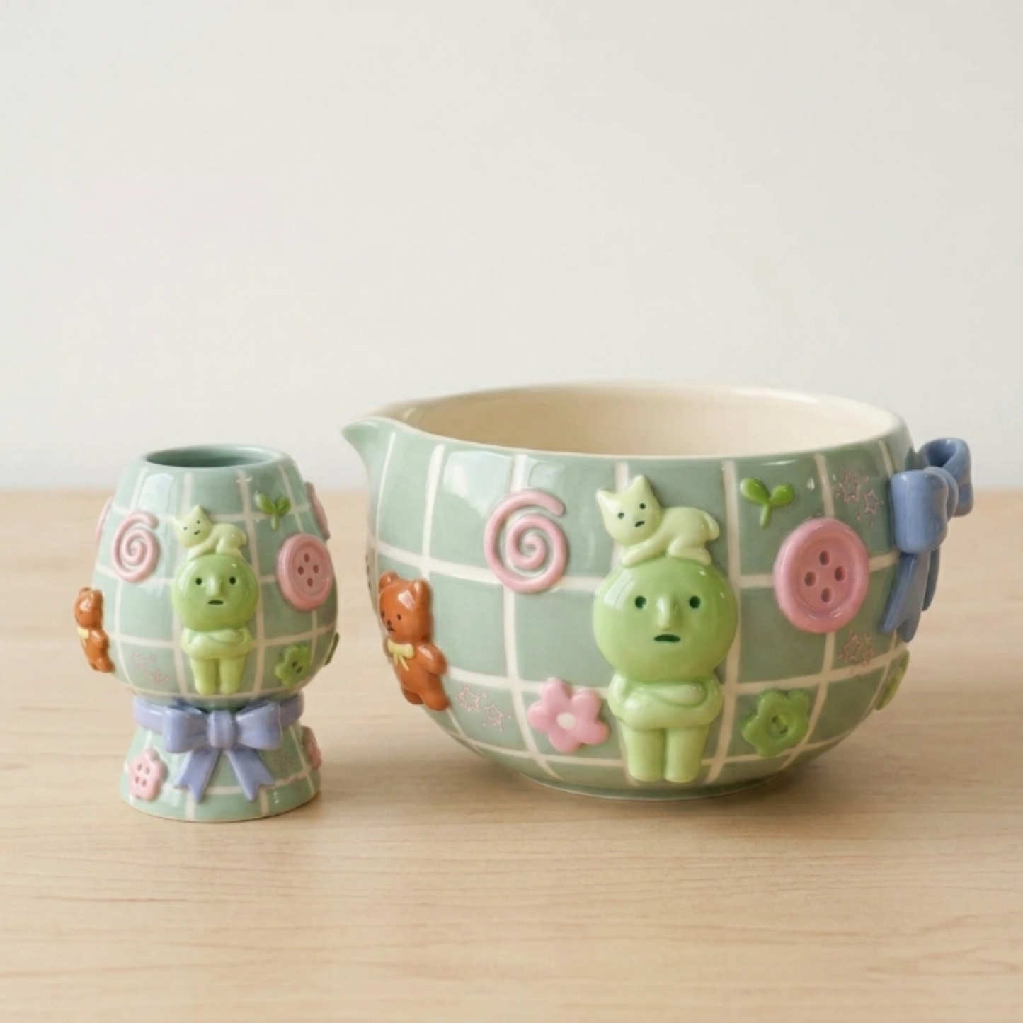 Cute Smiski 3D Pastel Ceramic Matcha Bowl and Whisk Holder Set – Handcrafted Matchawanwl • HX02