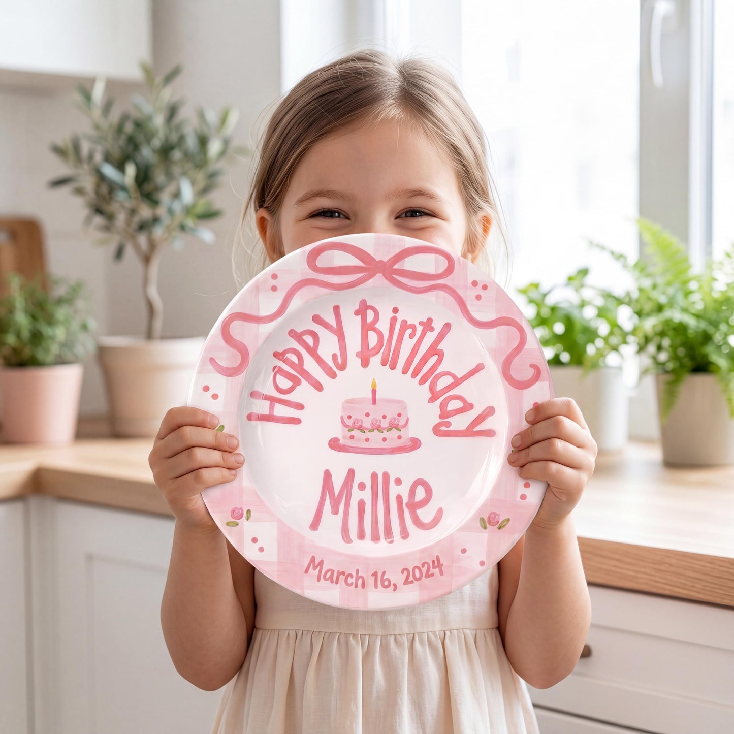 Personalized Birthday Plate – Pink Gingham Bow & Floral Cake Design | B059