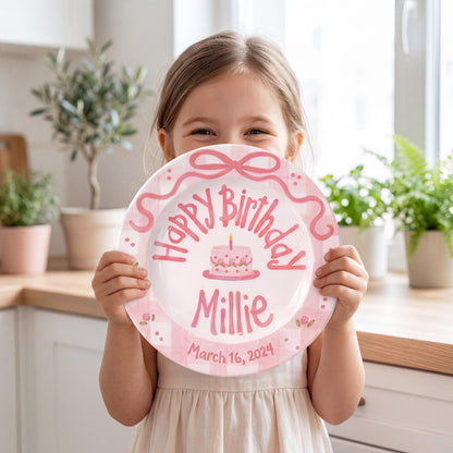 Personalized Birthday Plate – Pink Gingham Bow & Floral Cake Design | B059