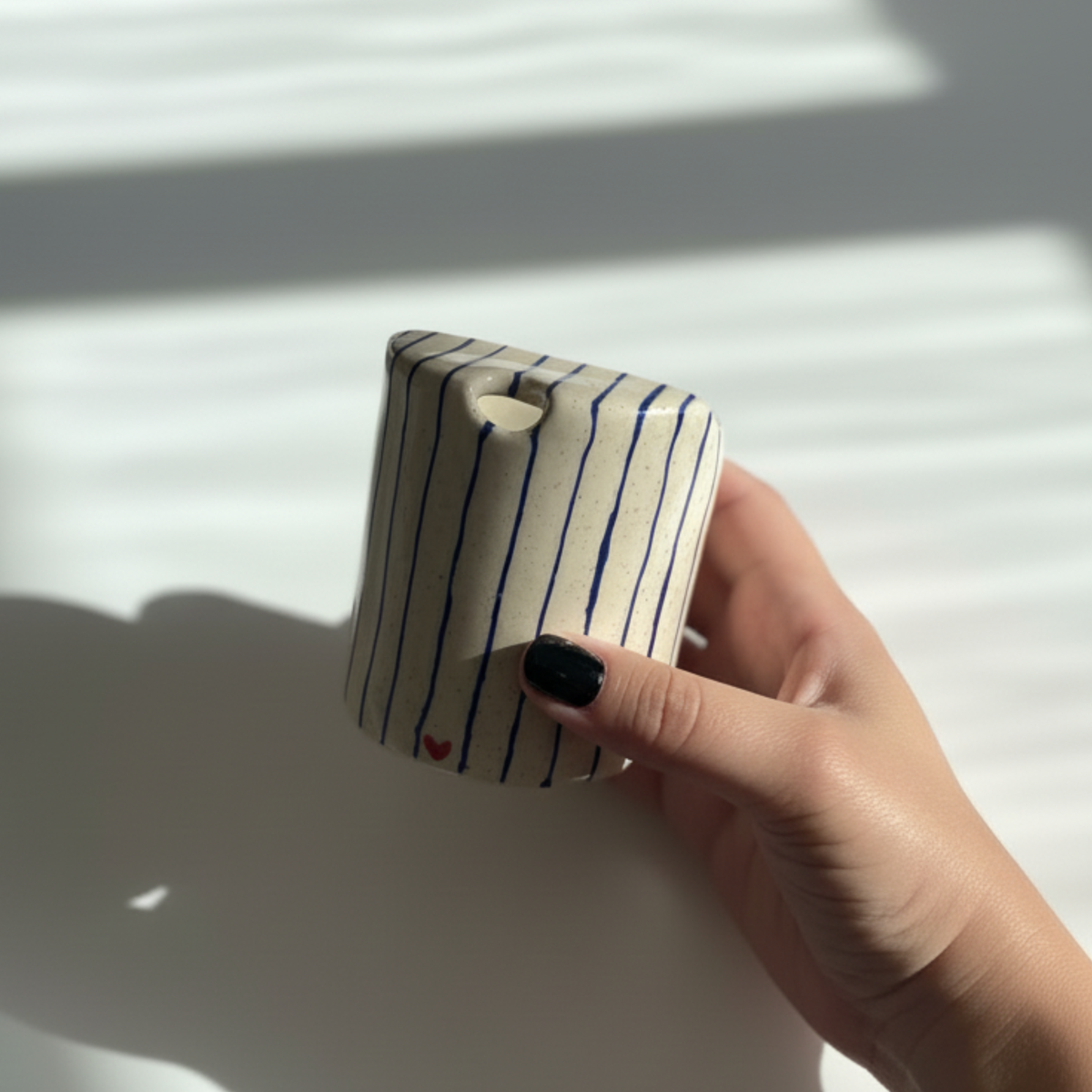 Handcrafted Ceramic Travel Mug with Blue Stripes and Red Heart – Minimalist Reusable Ceramic Coffee Cup & Tumbler • HX03