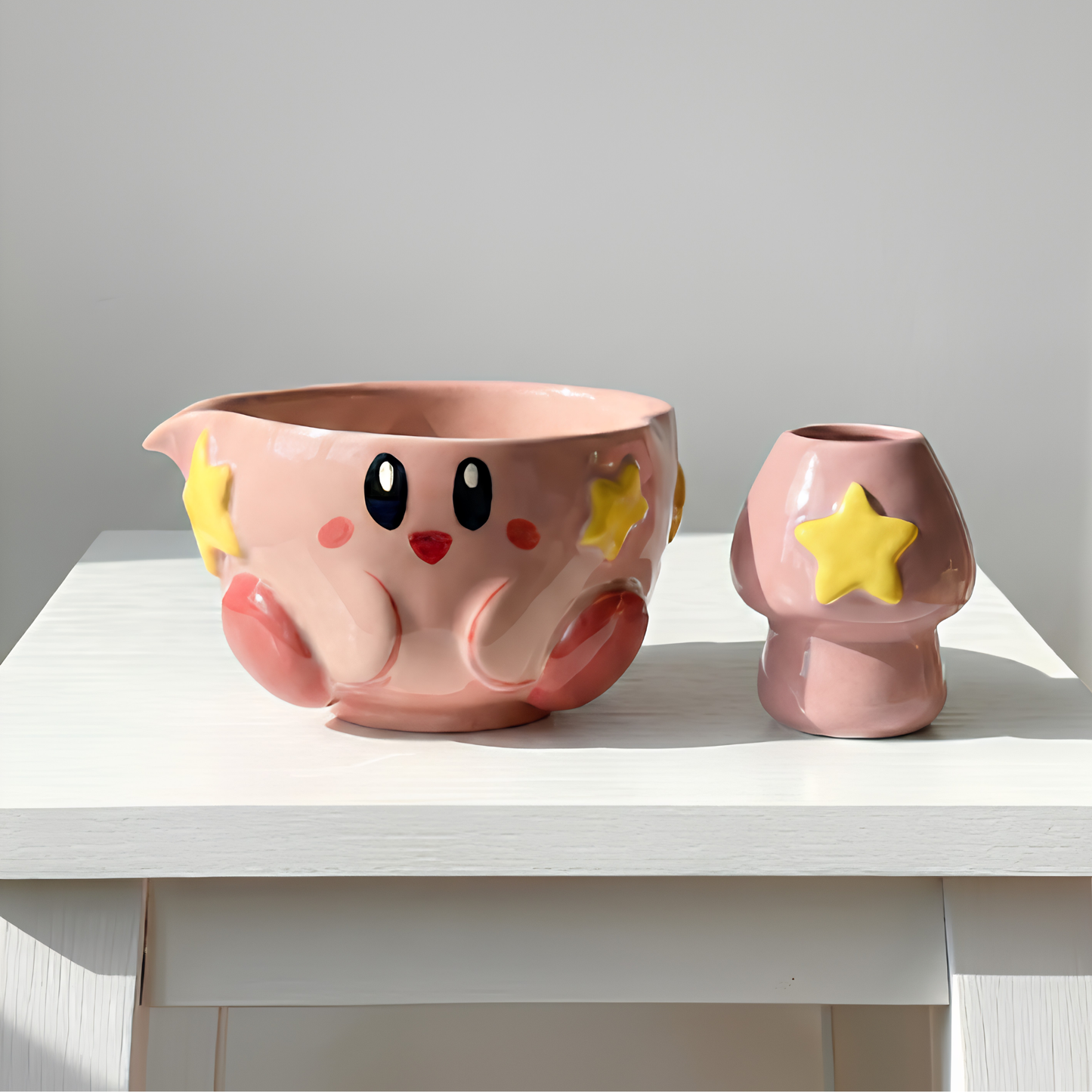 Kawaii Kirby 3D Handcrafted Ceramic Matcha Bowl and Warp Star Whisk Holder Set • HX14