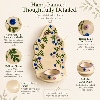 Handcrafted Blueberry Ceramic Wall Candle Sconce, Hand-painted Botanical Tealight Holder, Cute Cottagecore Home Decor • HX39