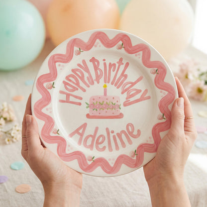 Personalized Birthday Plate – Pink Scallop Border & Cake Design | B062