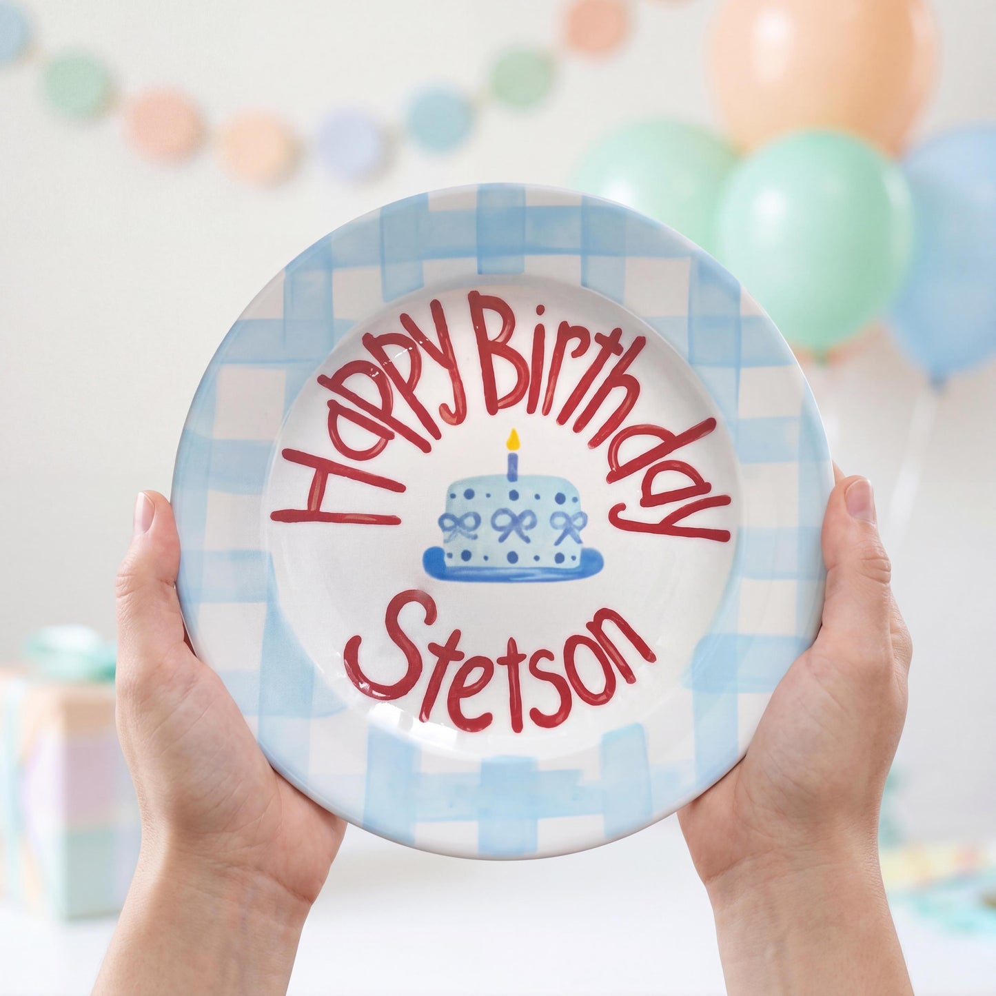 Personalized Birthday Plate – Blue Gingham Border & Blue Cake Design | B054